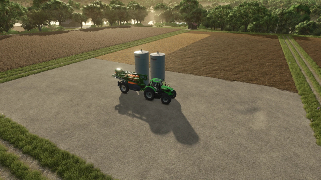 Farming Simulator 25 mod showing a tractor with liquid fertilizer tanks on a farm field in FS25.