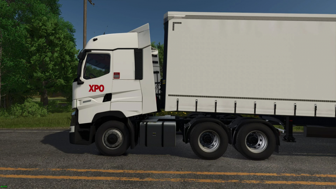 Farming Simulator 25 mod: Renault Trucks T XPO Logistics truck for FS25, shown on the road with a white cargo trailer.