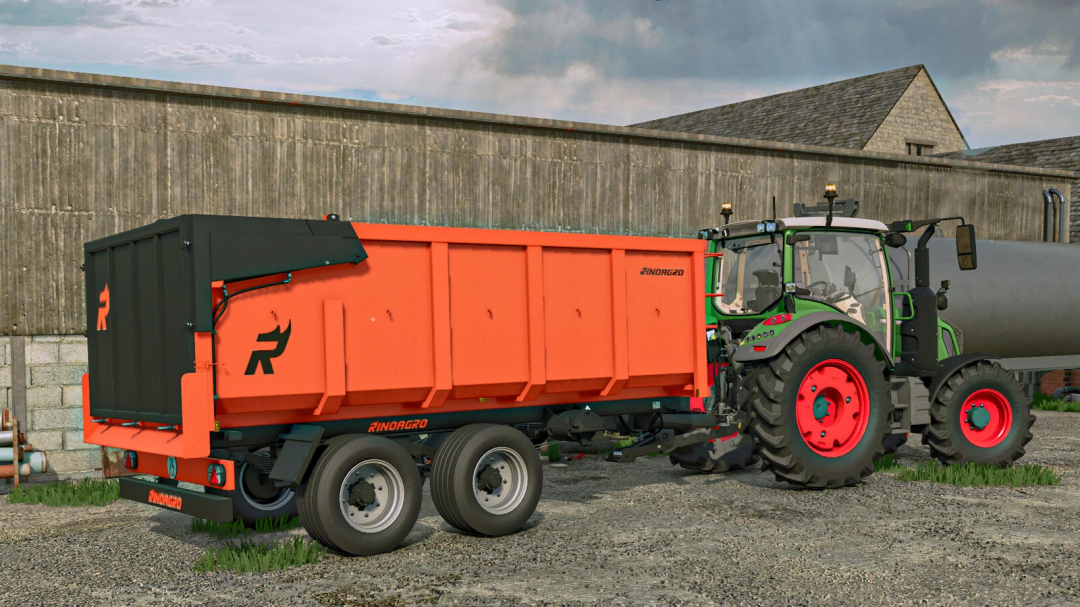 Farming Simulator 25 mod: Rinoagro tipping trailer pack attached to a tractor at a farmyard.