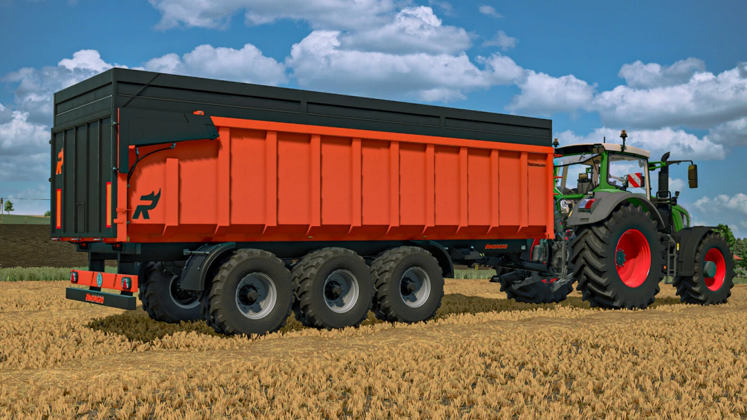 FS25 mod featuring the Rinoagro Tipping Trailer Pack v1.0.0.0 attached to a green tractor in a wheat field under a blue sky.