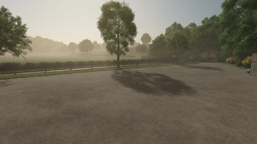 Farming Simulator 25 mod: Riverview Map v1.2.0.0 with scenic countryside and trees, optimized for immersive gameplay.
