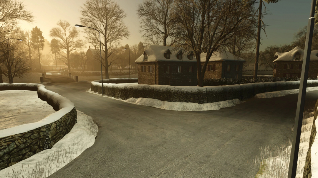 Winter scene in Farming Simulator 25 with snow-covered roads, trees, and houses, showcasing the Riverview Map v1.2.0.0 mod ambiance.