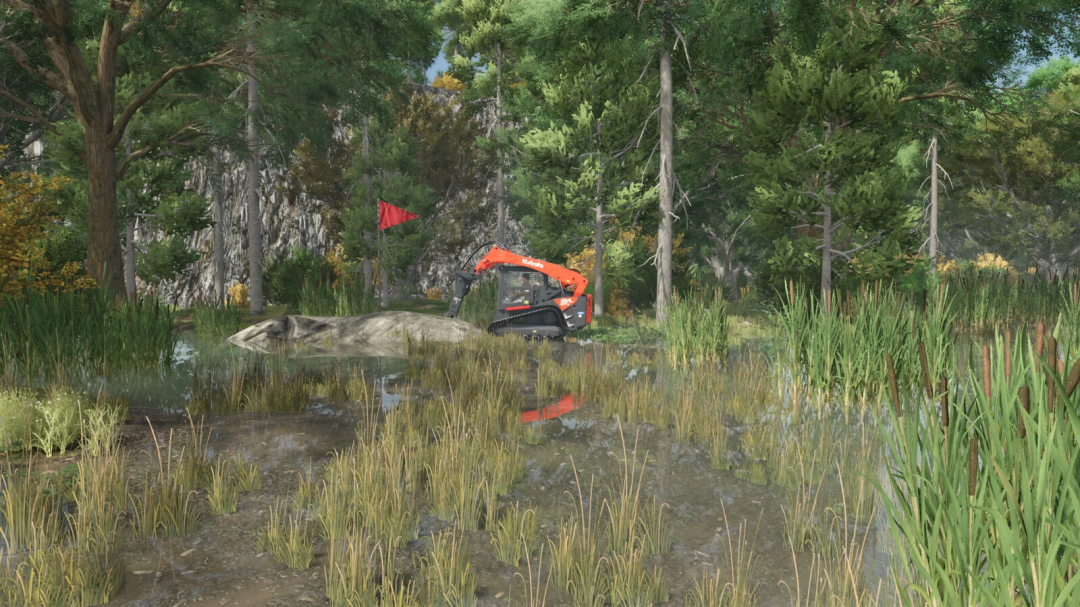 Farming Simulator 25 mod image showing a Kubota mini excavator working near a water body on Riverview Map v1.2.0.0.