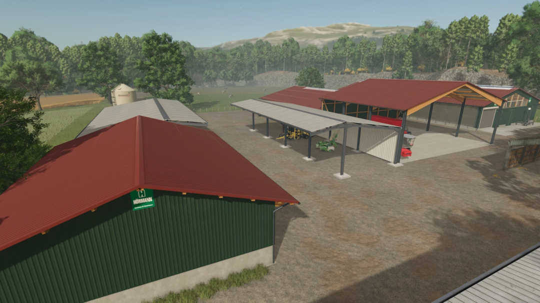 Farming Simulator 25 mod: Riverview Map v1.2.0.0 showing farm buildings, equipment, and surrounding landscape.
