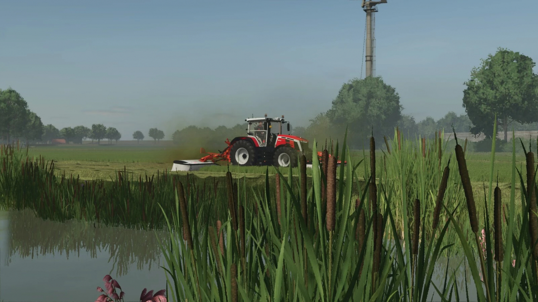Farming Simulator 25 mod: Tractor mowing a field next to a pond on Rottumer Island in FS25.