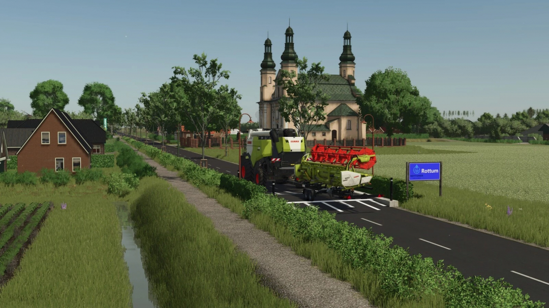 Farming Simulator 25 mod image of a tractor with farming equipment on a rural road in Rottum, showcasing FS25 mods and Farming Simulator 25 mods.