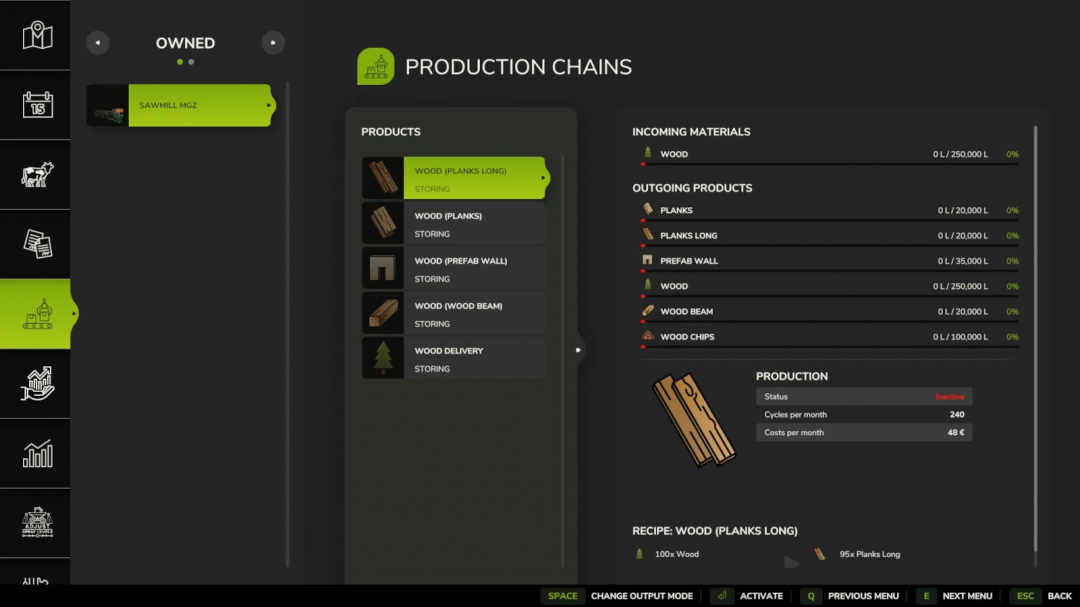 Screenshot of the Farming Simulator 25 mod for Sawmill MGZ v1.0.0.0 showing production chains and stored wood products.