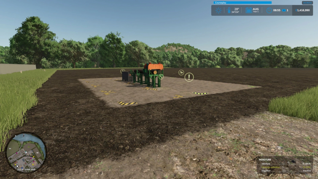 Farming Simulator 25 mod: Sawmill MGZ v1.0.0.0 on a farmland with machinery, set in a lush green environment.