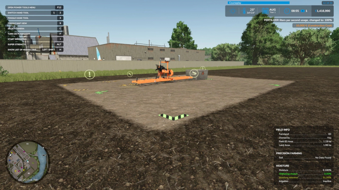 Farming Simulator 25 mod screenshot showing a sawmill MGZ v1.0.0.1 with machinery on a farm field.