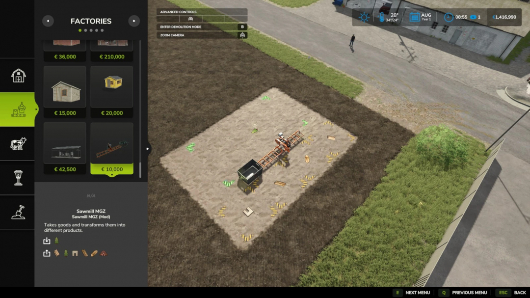 Farming Simulator 25 mod: Sawmill MGZ v1.0.0.1 transforming goods into different products in the game.