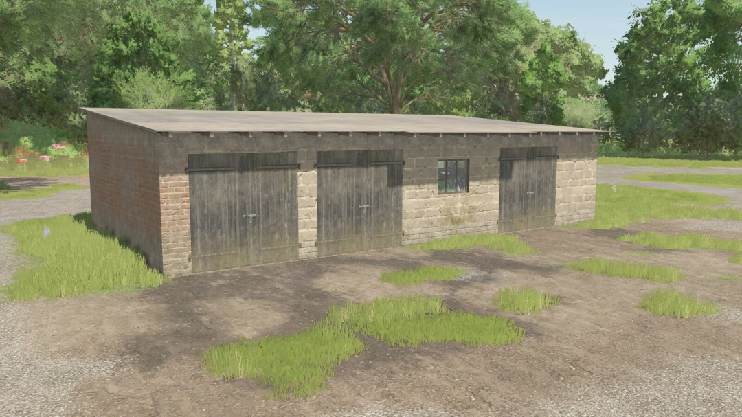 Small Garage in Farming Simulator 25 mods, featuring a brick and wood structure with three doors and a window, ideal for FS25 mods.