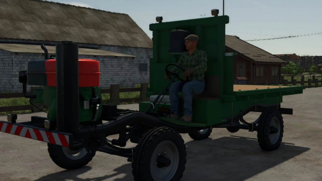 Small truck mod from Farming Simulator 25 with a driver sitting at the wheel, parked outdoors near farm buildings.