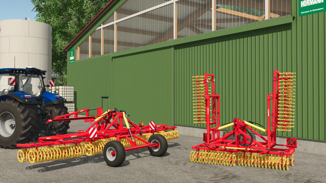 Farming Simulator 25 mod: Sopema Croskillette v1.0.0.0, red soil cultivator attached to a blue tractor, near a green agricultural building.