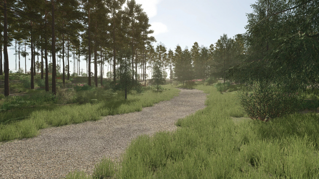 Farming Simulator 25 mod showcasing a forest path from the Starowies Map v1.1.0.1 for immersive gameplay.