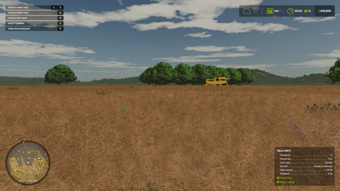 Farming Simulator 25 mod screenshot showcasing field information, in-game HUD, and a yellow vehicle in a farmland environment.