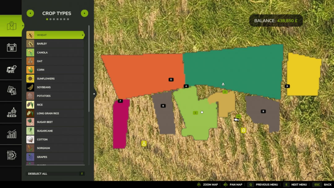 Farming Simulator 25 mod map showing crop types, including wheat, barley, corn, and sunflower fields with a game balance of €438,850.