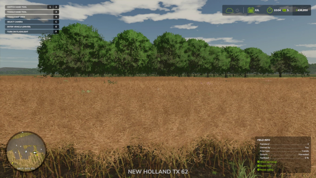 Farming Simulator 25 mod screenshot showing a field with a crop, game interface, and field info panel.