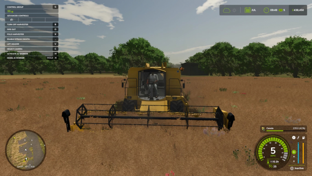 Farming Simulator 25 mod: Yellow harvester working on a field with user interface elements on screen, showcasing controls and game stats.