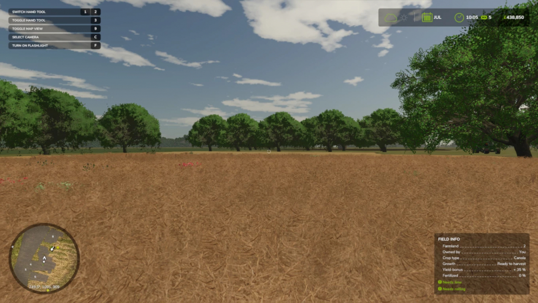 Farming Simulator 25 mod showcase: Suffolk demo version 1.0.0.0 with trees, farmland, and game interface overlay.