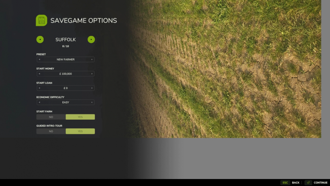 Farming Simulator 25 mod menu with Save Game Options and Suffolk demo settings, featuring crop fields and growth stage overviews.