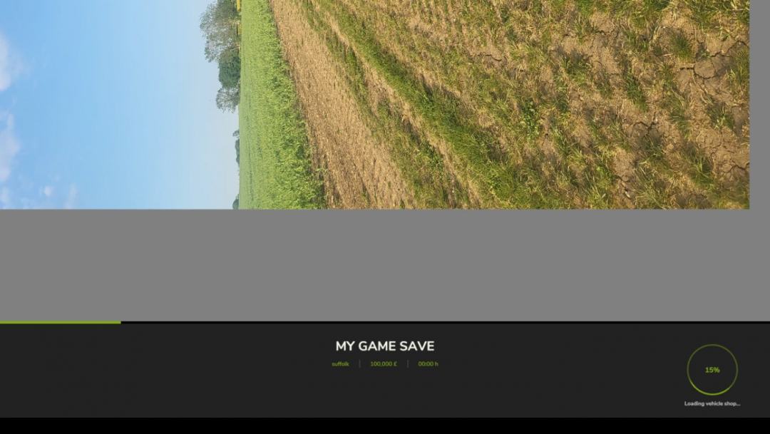 Screenshot from Farming Simulator 25 showing the Suffolk demo mod, farming landscape, and game progress loading screen.