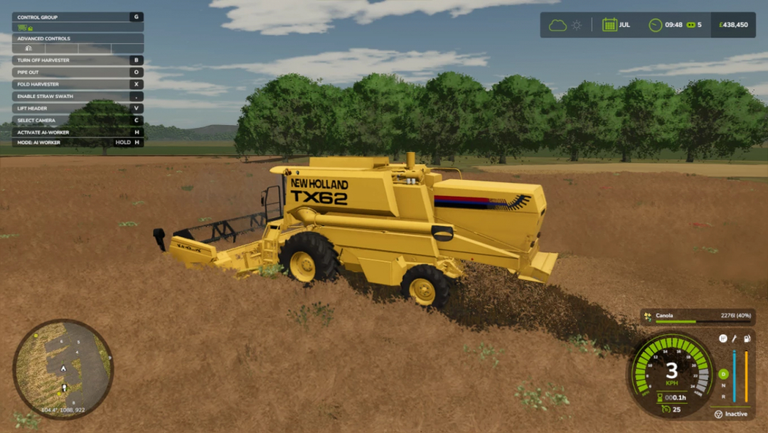 Farming Simulator 25 mod: New Holland TX62 forage harvester in a field, user interface, and mini-map scene.