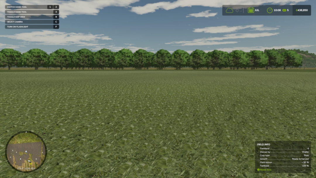 Farming Simulator 25 mod showcasing a lush farmland with trees in the background, display overlays, and field info in Farming Simulator 25