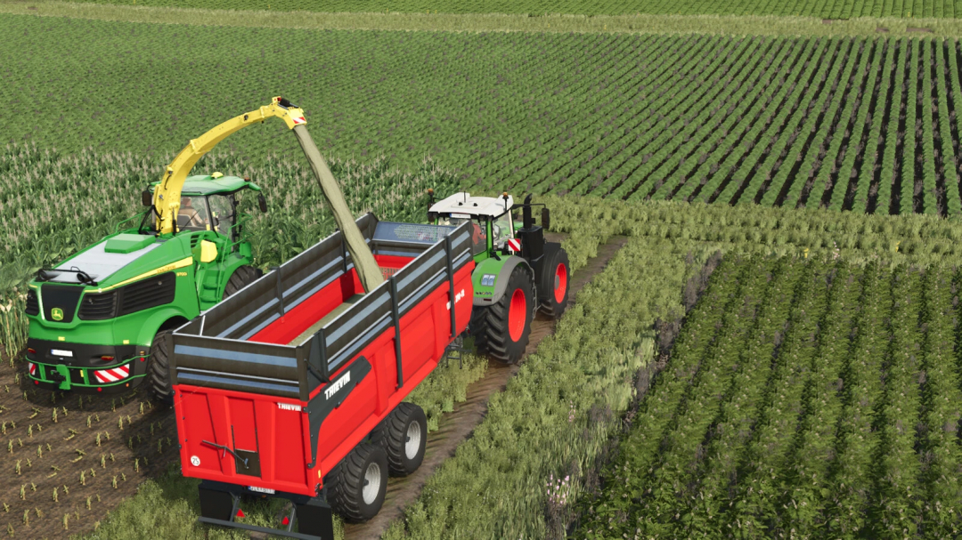 Farming Simulator 25 mod: John Deere tractor unloading crops into a trailer with Thievin CORTAL 210-72 v1.0.0.1.