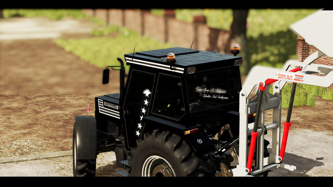 Farming Simulator 25 mod: Tümosan 8095 tractor with decorative stars on the black cab and a front loader attachment.