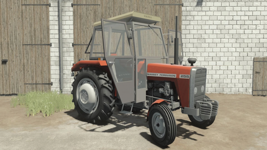Farming Simulator 25 mod of Massey Ferguson 255 tractor, detailed in a farmyard scene.