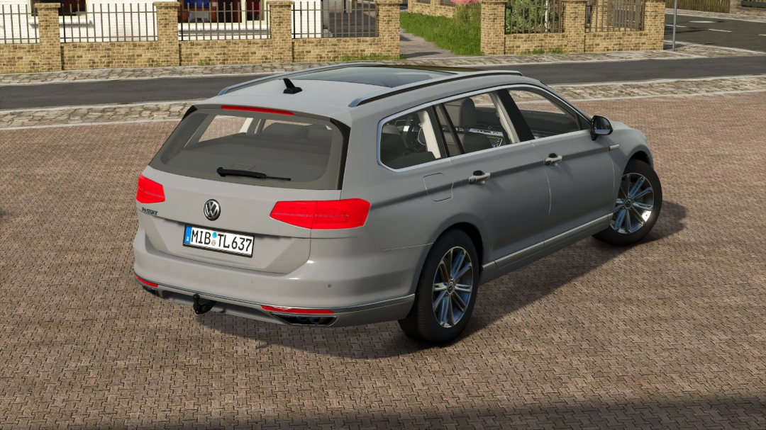 Farming Simulator 25 mod: Volkswagen Passat B8 2015 in gray color, parked on a brick-paved street with suburban surroundings.