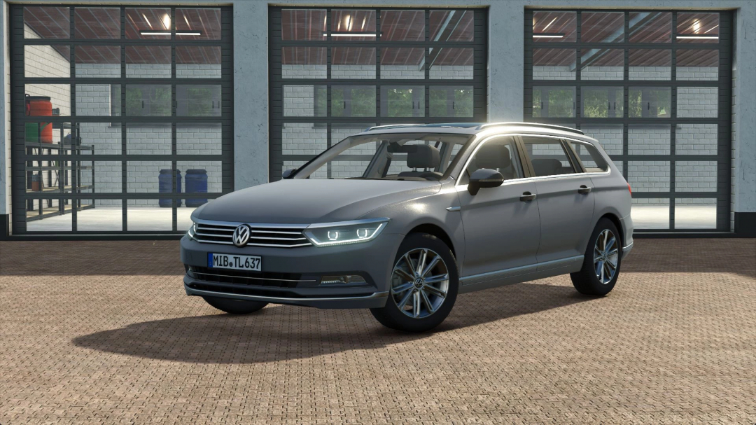 Volkswagen Passat B8 2015 in grey from Farming Simulator 25 mods, showcasing the detailed vehicle in a garage setting.