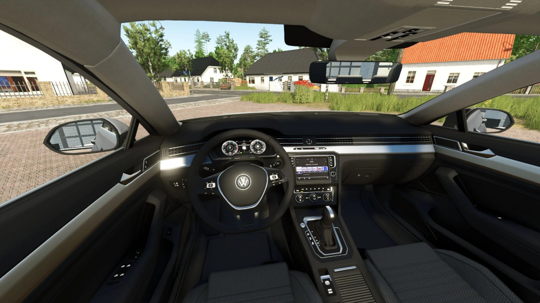 Interior view of a VW Passat B8 2015 inside the Farming Simulator 25 game, showcasing detailed dashboard and steering wheel, ideal for FS25 mods.