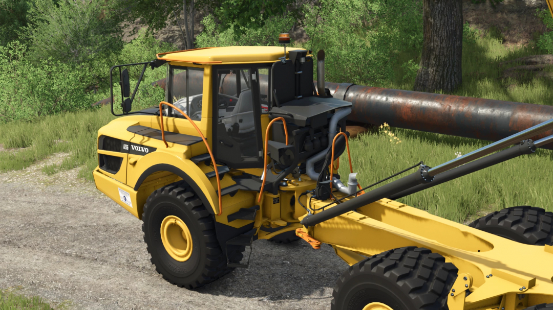 Farming Simulator 25 mod: Yellow Volvo A25G wheel loader on a dirt path in a forested area, showcasing detailed design and functionality.