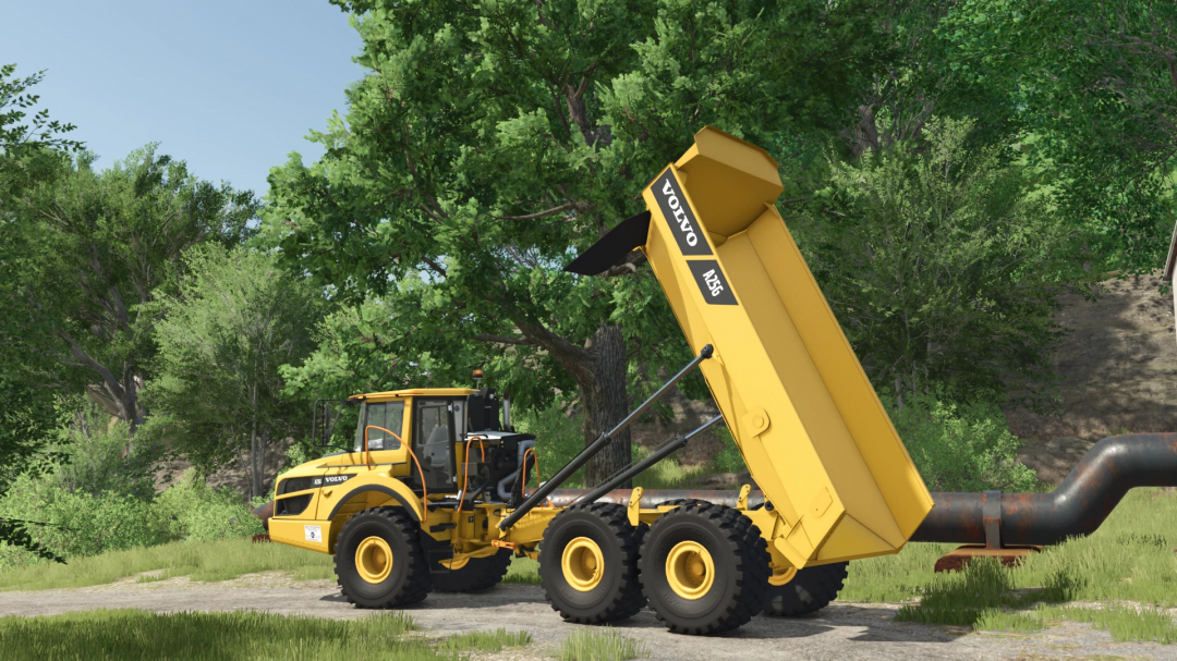 Farming Simulator 25 mod: Volvo A25G dump truck with raised bed, set in a rural outdoor environment for FS25 mods.