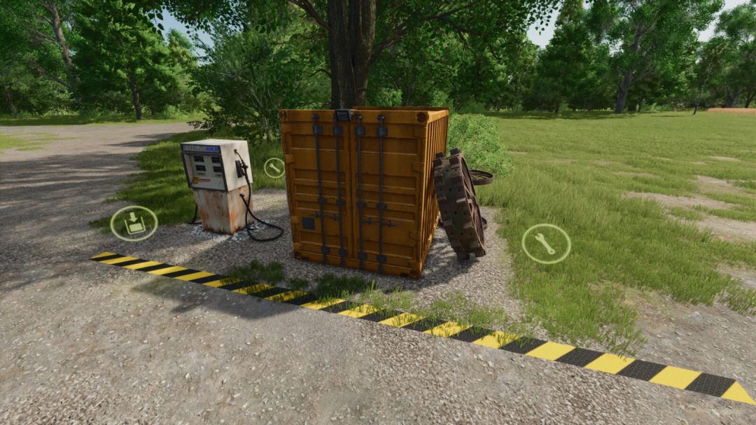 Farming Simulator 25 mod: Wheelie Great Workshop v1.0.0.1, featuring a large orange container and tools in an outdoor setting.