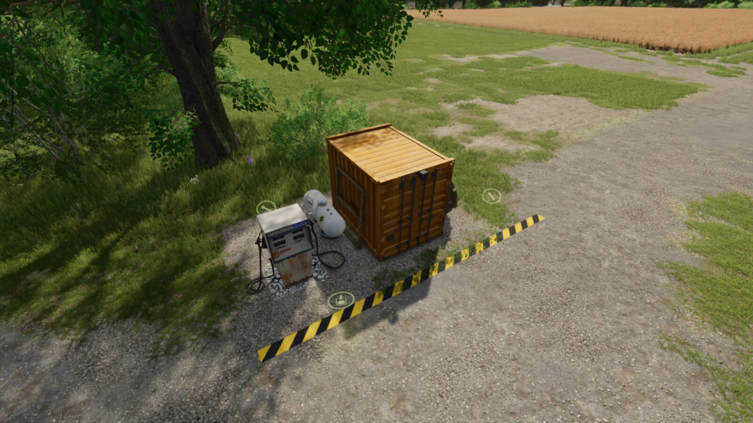 Farming Simulator 25 mod image showing a wooden workshop container, gas tank, and fuel pump on a gravel patch with trees and fields nearby.