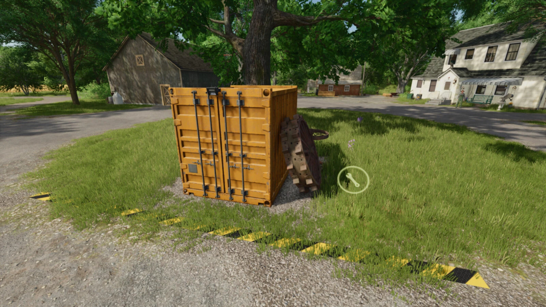 Farming Simulator 25 mod: Wheelie Great Workshop v1.0.0.1, a yellow mobile workshop with tools in a rural yard.