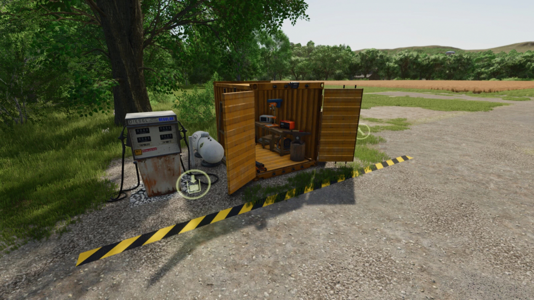 Farming Simulator 25 mod: Small wooden workshop with tools, gas station, and equipment for farming tasks, part of Wheelie Great Workshop v1.0.0.1.