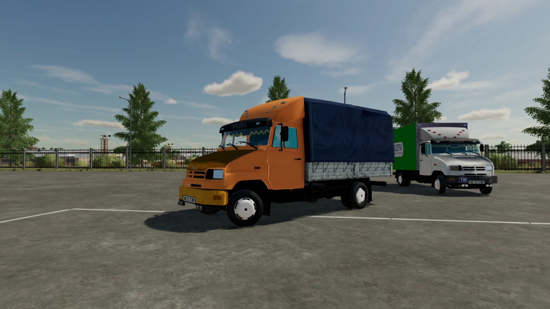 In-game image from Farming Simulator 22 showing a ZIL 5301 mod truck with an orange cab and blue cover, parked in a lot with trees and a fence.