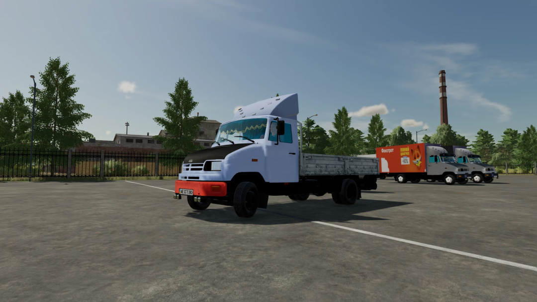 Farming Simulator 22 mods, ZIL 5301 v1.0.0.0 truck in a parking lot with other trucks and trees in the background.