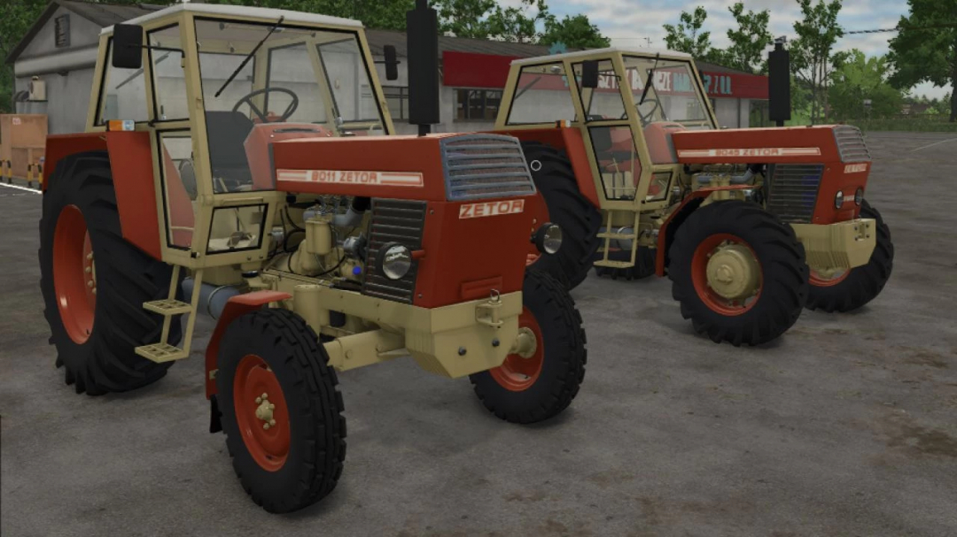 Farming Simulator 25 mods: Zetor 8011/8045 tractors with beige and red design, detailed textures, and realistic features for FS25 farming gameplay.