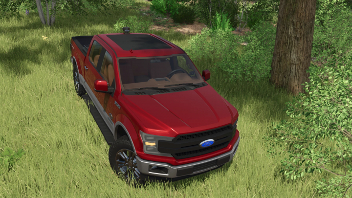 fs25-mods,  Red Ford F150 Powerstroke truck mod in Farming Simulator 25 on a grassy field next to trees.