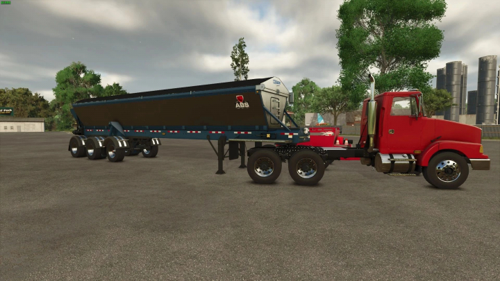 fs25-mods,  Farming Simulator 25 mod featuring the ABS LRC448 Rear Lift attached to a red truck, used for hauling farming equipment in FS25.