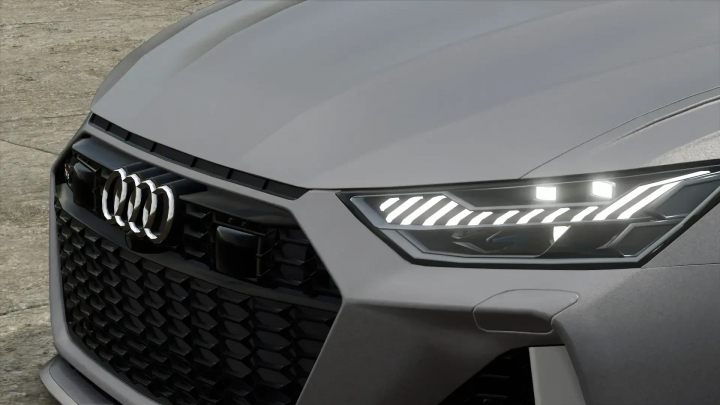fs25-mods,  Close-up of the front of an Audi RS6 Avant C8 in Farming Simulator 25, showing the grille, logo, and LED headlights.