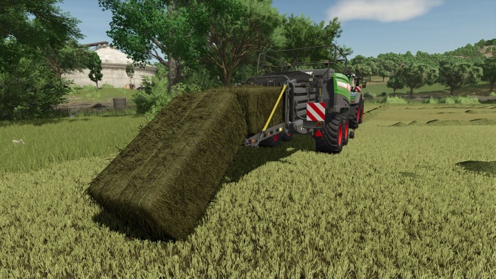 fs25-mods, Farming Simulator 25 mod featuring Bale Twine Addon Additional Features v1.0.0.0 attached to a tractor in a lush field.