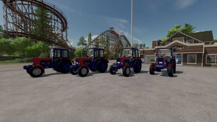 fs22-mods, Farming Simulator 22 mods: Belarus Mtz 82.1 Dunantuli v1.0.0.0 tractors parked outside with roller attachment, in front of a barn and amusement park rides.