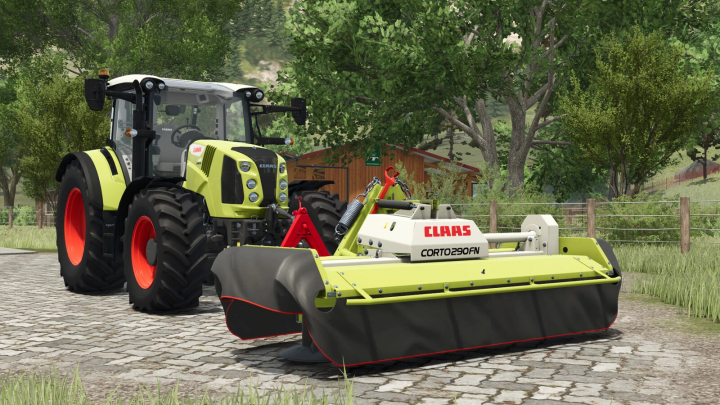 fs25-mods,  Farming Simulator 25 mod featuring the CLAAS CORTO 290 FN mower attached to a tractor in a rural farm setting.