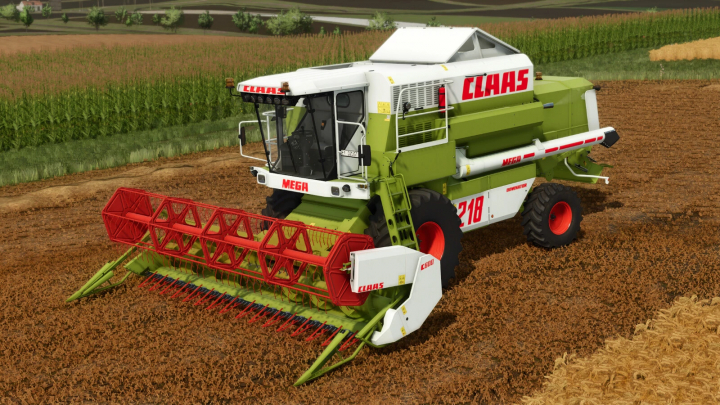 fs25-mods, Claas Mega 208/218 harvest combine in Farming Simulator 25 mods, working on a farm field with crops and dirt.