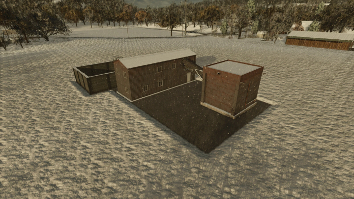 fs25-mods, Snow-covered farmland with farm buildings and trees, part of Farming Simulator 25 mods, showcasing natural winter scenery.